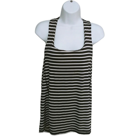 ACX  Athleisure Workout Wear Tank Top Black White Stripes Criss Cross Back M - Picture 1 of 8